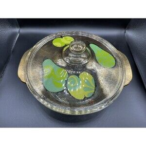 Fire King Georges Briard Covered Casserole 2 Qt Pears & Apples Green Blue Gold